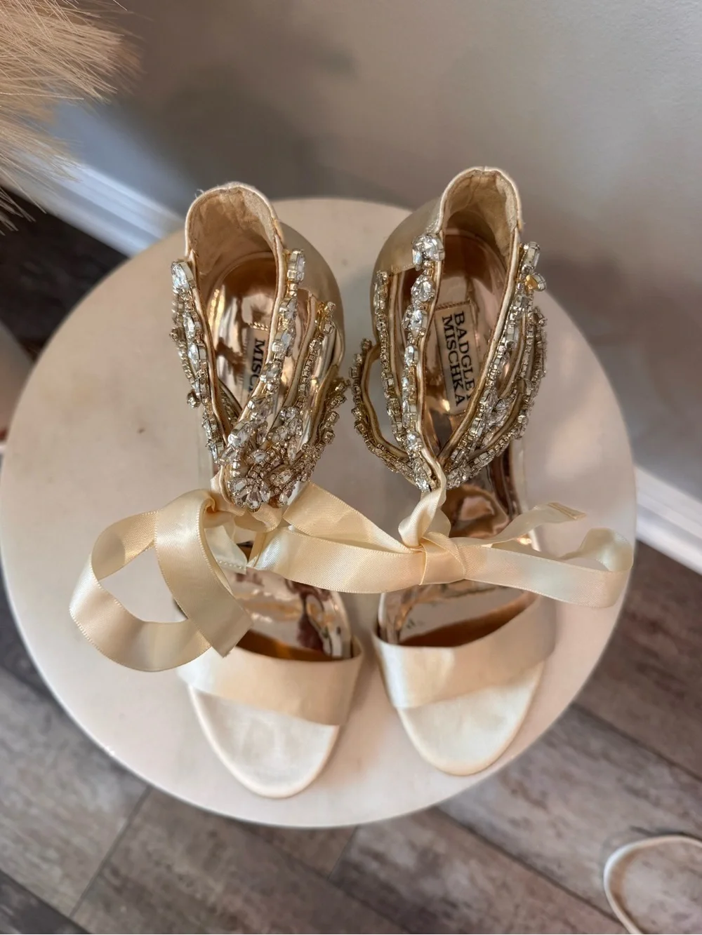 Badgley Mischka Ivory/Champagne Satin Crystal-Ankle Tie Block Heels Sz 10